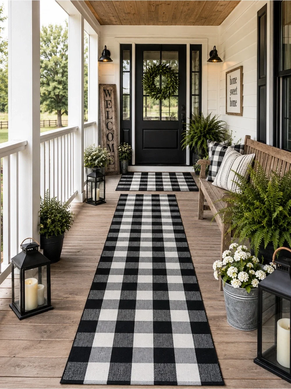 3 Piece Set- Black & White Buffalo Check Rug & Runners Indoor / Outdoor Rugs